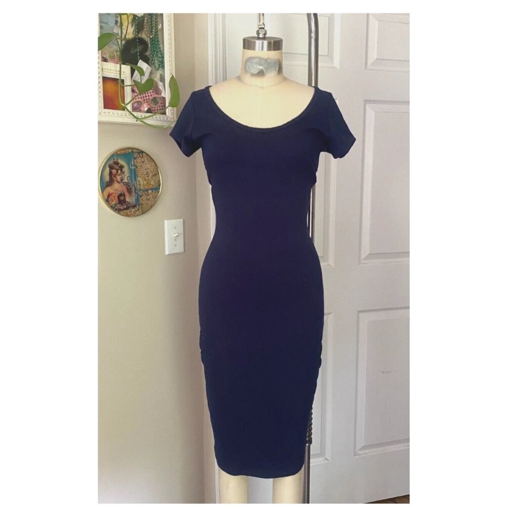 ARDEN B Navy stretch Slit Open back Knee-Length Wiggle Bandage Dress *X-SMALL*